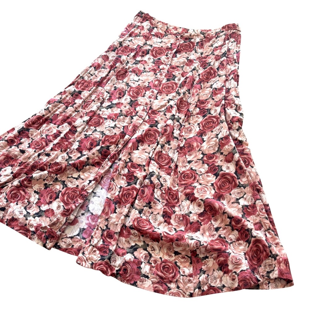 At Last & Co Vintage Floral Button Front Midi Skirt Rose Rayon Cottagecore M